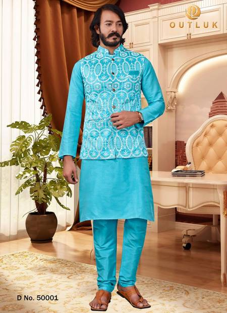 Sky Blue Colour Festive Wear Kurta Pajama With Jacket Mens Collection 50001